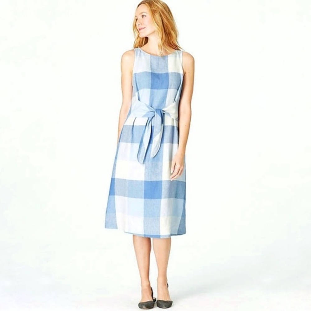 J.Jill Women’s Blue White Gingham Petite Linen Tie Midi Dress